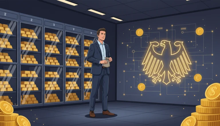 Geschäftsmann vor Goldbarren und Bundesadler zum Thema legaler und anonymer Goldkauf in Deutschland.