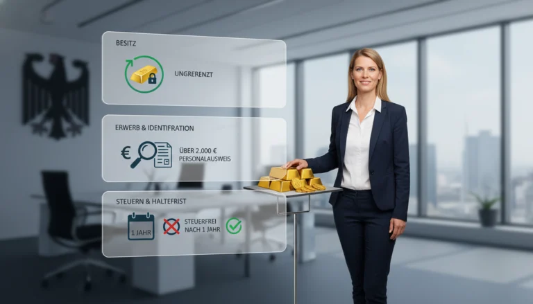 Frau neben Goldbarren vor Infografik über Steuerregeln und ob man unbegrenzt Gold in Deutschland besitzen darf.