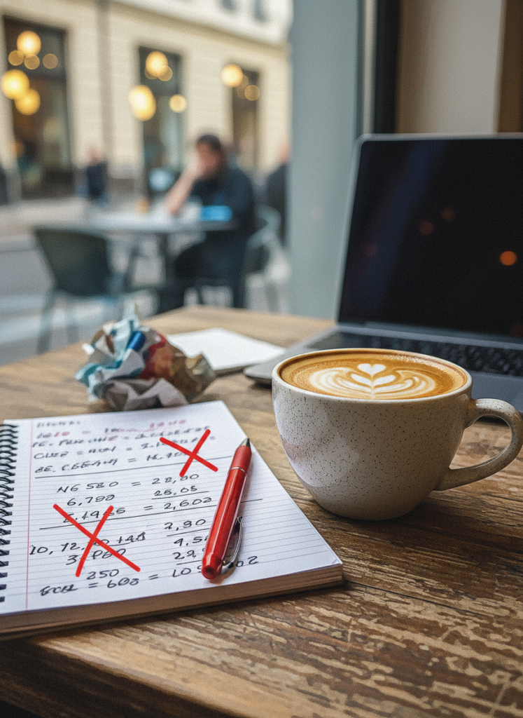 Kaffee und Notizbuch mit durchgestrichenen Immobilien-Kalkulationen