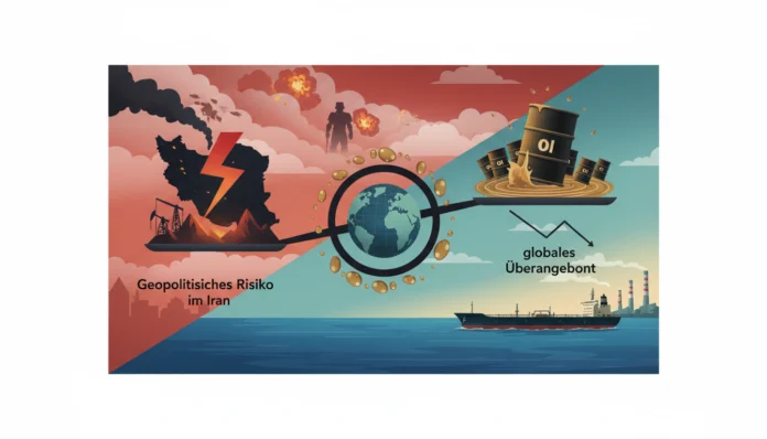 Ölpreis-Infografik: Geopolitisches Risiko im Iran trifft auf globales Überangebot am Weltmarkt.