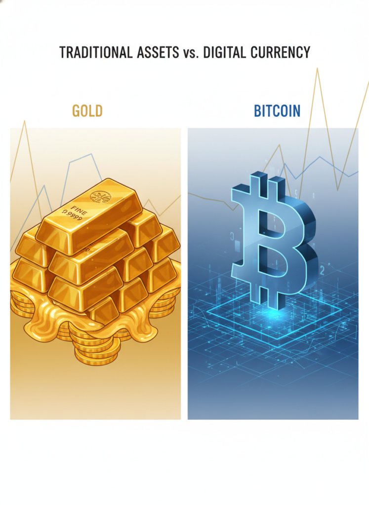 Visueller Vergleich von Goldbarren und Bitcoin vor dem Hintergrund von Zinskurven.