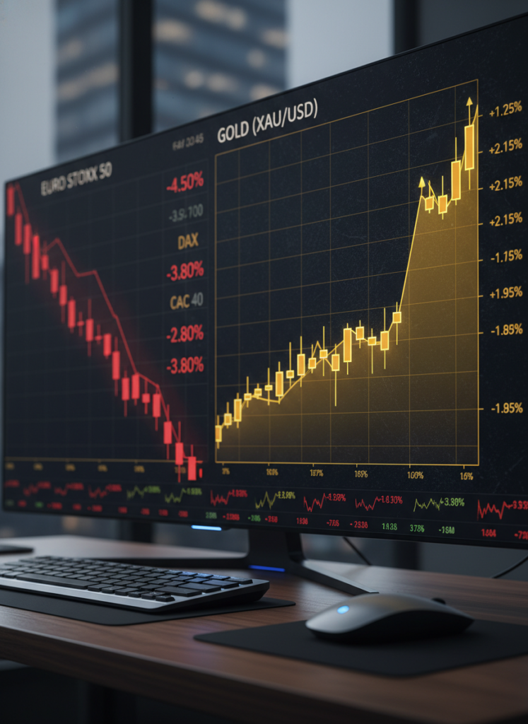 Trading Dashboard vergleicht fallende EU-Aktien mit steigendem Goldpreis