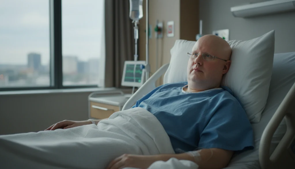 Matt Lucas: Wenn das Lachen verstummt – Eine kritische Analyse von Gesundheit, Karriere und Resilienz 1 Matt Lucas sitzt im blauen Kittel im Krankenhausbett, fotorealistisches Bild zur Matt Lucas Krankheit.