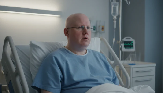 Matt Lucas sitzt im blauen Kittel im Krankenhausbett, fotorealistisches Bild zur Matt Lucas Krankheit.