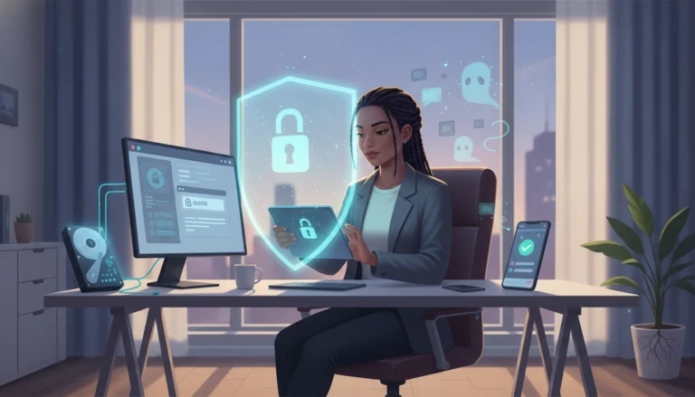 Eine Frau am PC-Arbeitsplatz schützt sich durch ein leuchtendes Schild: Der Schutz von privaten Daten im Internet gelingt.