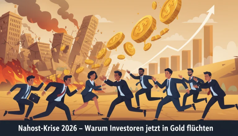 Investoren fliehen vor brennenden Ruinen der Nahost-Krise 2026 zu steigenden Kursen und wertvollen Goldmünzen.
