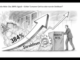 Mobotix Aktie: Das 384%-Signal – Echter Turnaround unter Certina oder nur ein Strohfeuer? Mann schiebt Mobotix Aktie Block unter 384% Signal-Pfeil neben Certina Zahnrad und brennendem Strohfeuer Rauch.