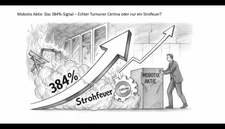 Mann schiebt Mobotix Aktie Block unter 384% Signal-Pfeil neben Certina Zahnrad und brennendem Strohfeuer Rauch.