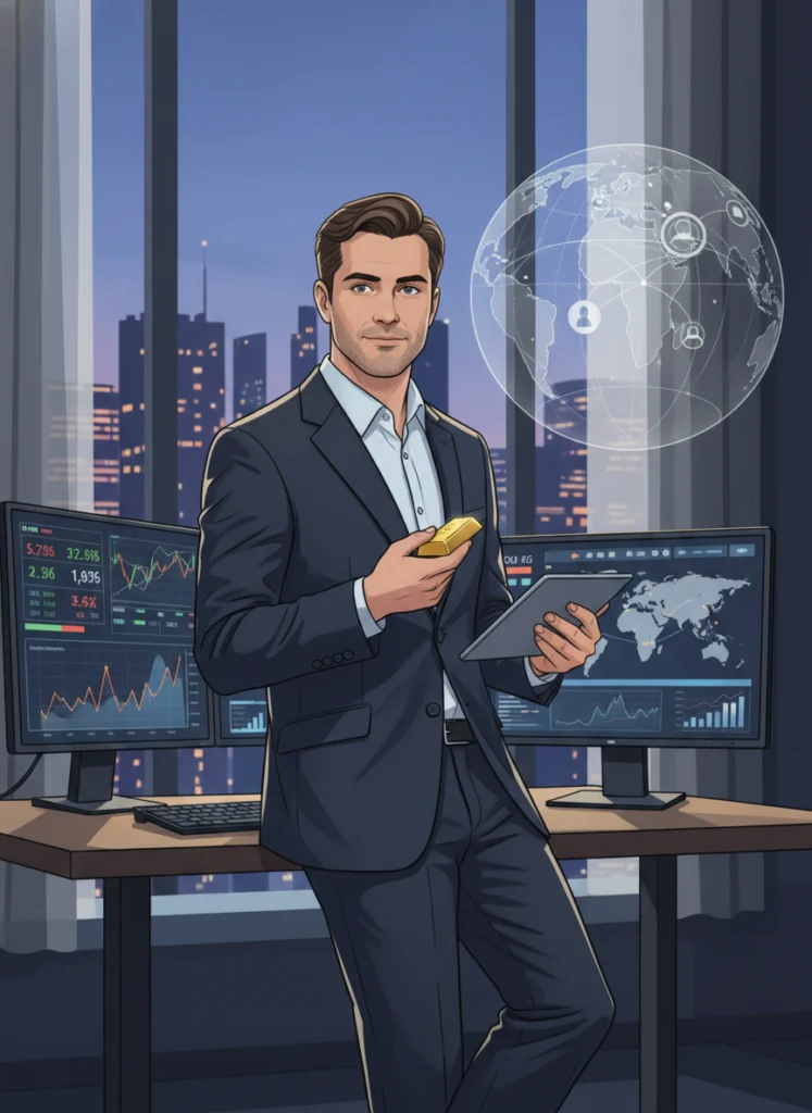 Ist Gold im Jahr 2026 noch eine gute Investition? 1 Geschäftsmann mit Goldbarren und Tablet vor Börsencharts veranschaulicht, wie der Handel mit Gold heute funktioniert.