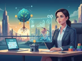 Geschäftsfrau analysiert digitale Finanzcharts zum Geldmanagement 2026 für Stabilität und Vermögensaufbau.