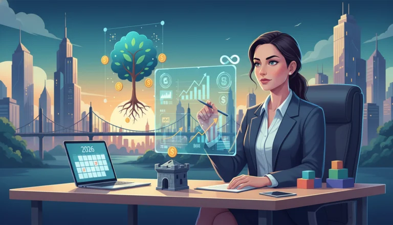 Geschäftsfrau analysiert digitale Finanzcharts zum Geldmanagement 2026 für Stabilität und Vermögensaufbau.