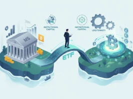 Welchen Einfluss hat der Morgan Stanley Bitcoin ETF auf den Markt? Ein Morgan Stanley Gebäude und ein Bitcoin-Symbol, verbunden durch eine ETF-Brücke für institutionelles Kapital.