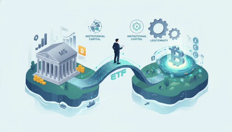Ein Morgan Stanley Gebäude und ein Bitcoin-Symbol, verbunden durch eine ETF-Brücke für institutionelles Kapital.