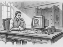 Mann am Schreibtisch blickt auf Monitor mit Bitcoin-Logo und 2026 zur Mt. Gox Bitcoin-Auszahlung vor offenem Tresor.