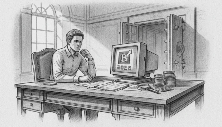 Mann am Schreibtisch blickt auf Monitor mit Bitcoin-Logo und 2026 zur Mt. Gox Bitcoin-Auszahlung vor offenem Tresor.