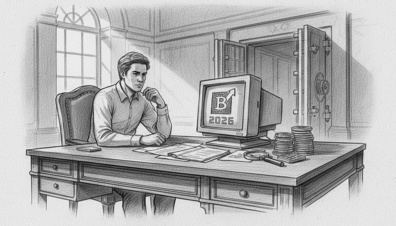 mt-gox-bitcoin-payout-2026-taxes.webp Mann am Schreibtisch blickt auf Monitor mit Bitcoin-Logo und 2026 zur Mt. Gox Bitcoin-Auszahlung vor offenem Tresor.