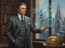 Geschäftsmann analysiert Daten-Hologramme in Bibliothek für neue ETF-Architektur und die Statik des Vermögens 2026.