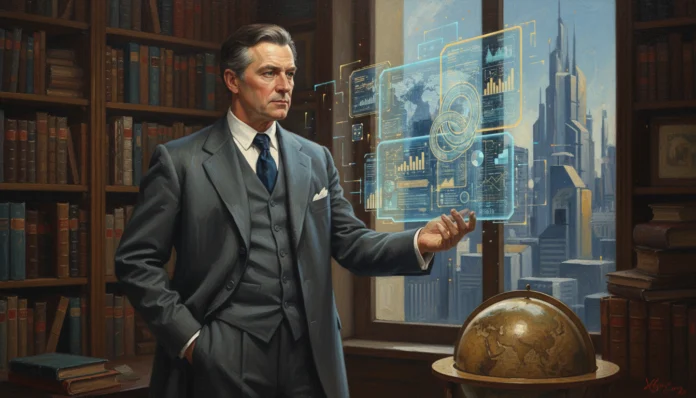 Geschäftsmann analysiert Daten-Hologramme in Bibliothek für neue ETF-Architektur und die Statik des Vermögens 2026.