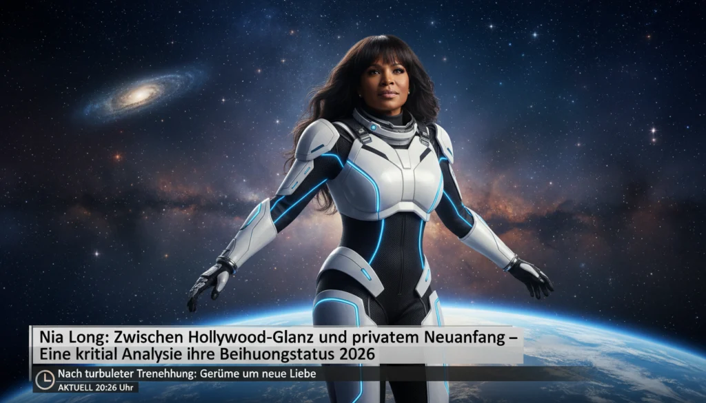 Nia Long blickt nachdenklich am Strand bei Sonnenuntergang, Neuanfang und Beziehungsstatus 2026, kinoreifer Stil.