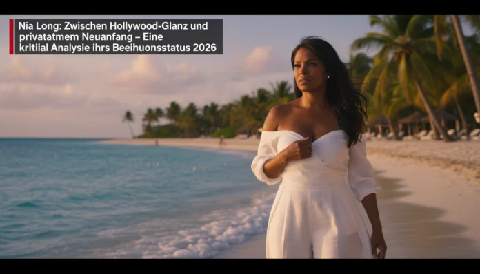 Nia Long blickt nachdenklich am Strand bei Sonnenuntergang, Neuanfang und Beziehungsstatus 2026, kinoreifer Stil.