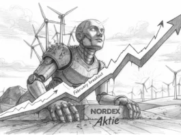 Der Riese erwacht: Nordex Aktie steigt durch einen Februar-Ausbruch steil an, umgeben von vielen Windrädern.