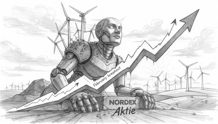 Der Riese erwacht: Nordex Aktie steigt durch einen Februar-Ausbruch steil an, umgeben von vielen Windrädern.