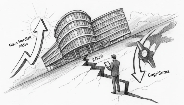 Novo Nordisk Aktie 2026 am Scheideweg: Illustration zeigt Kurswachstum vs. CagriSema-Schock an einer tiefen Erdspalte.