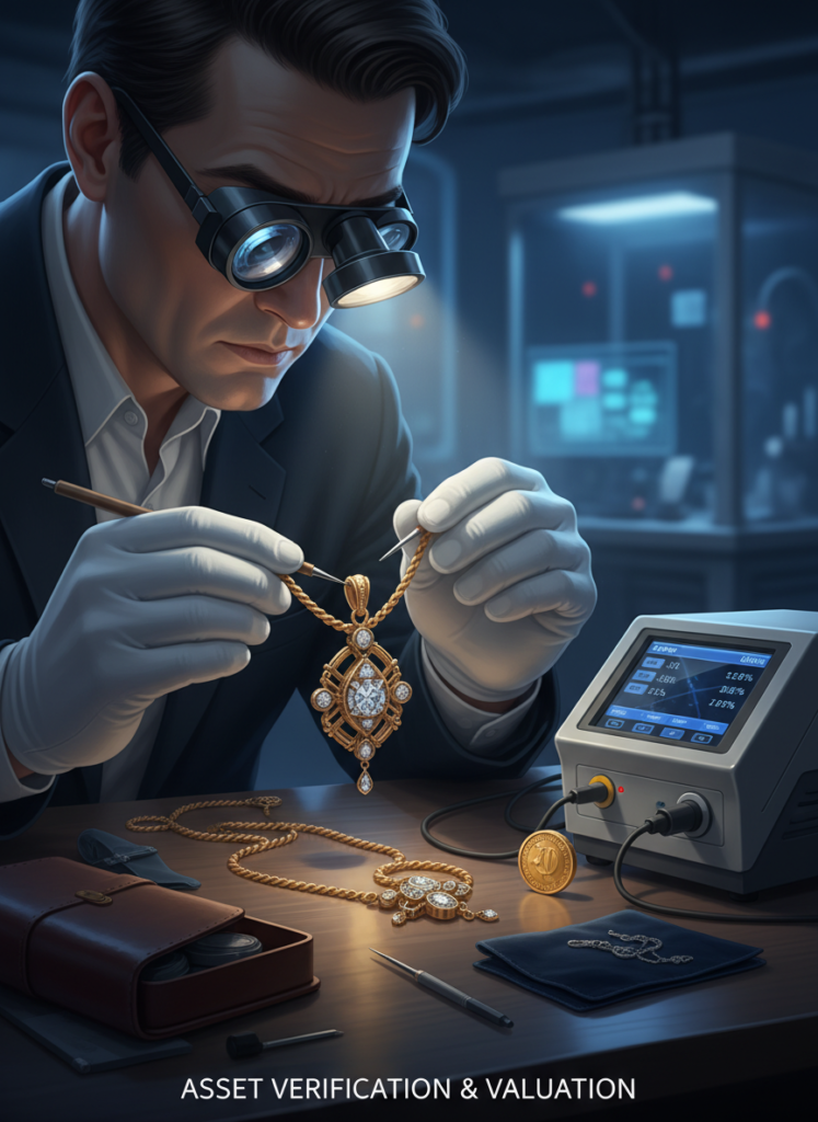 Fig 3: Experte begutachtet Erbschmuck und Goldmünzen mit Analysegeräten im Labor