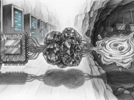 NVIDIA, Rubin & Silber: Der wahre Rohstoff-Engpass im KI-Boom 2026 NVIDIA-Chip verbunden mit Edelsteinen vor einem Bergwerk und Servern als Symbol für den Rohstoff-Engpass im KI-Boom 2026.