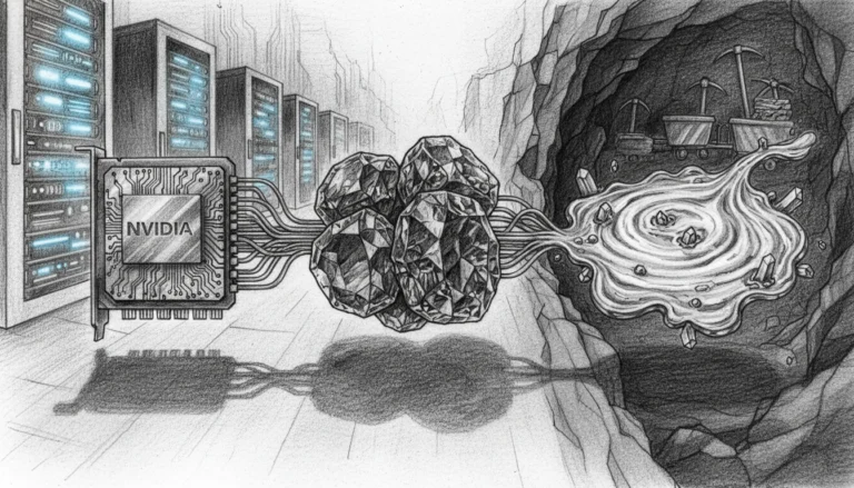 NVIDIA-Chip verbunden mit Edelsteinen vor einem Bergwerk und Servern als Symbol für den Rohstoff-Engpass im KI-Boom 2026.