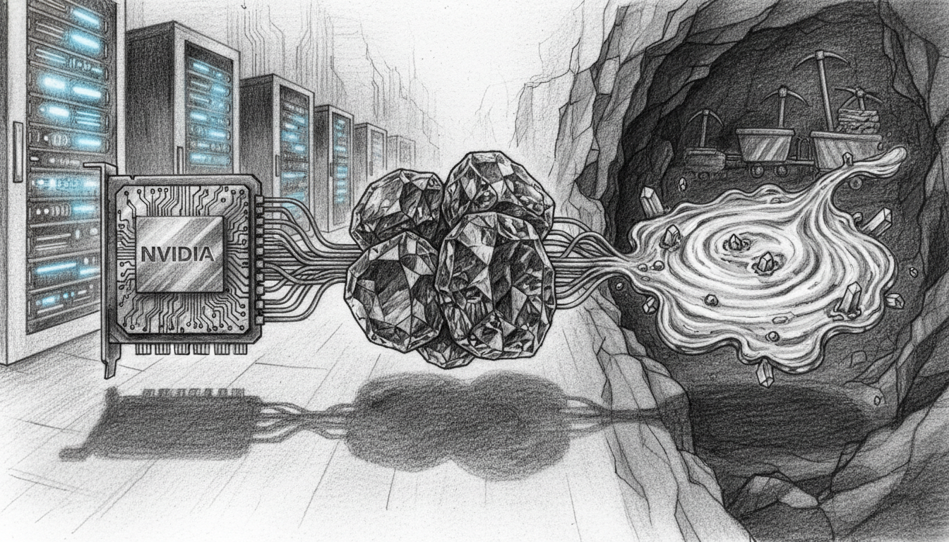 nvidia-rubin-silber-ai-raw-material-bottleneck.webp NVIDIA-Chip verbunden mit Edelsteinen vor einem Bergwerk und Servern als Symbol für den Rohstoff-Engpass im KI-Boom 2026.