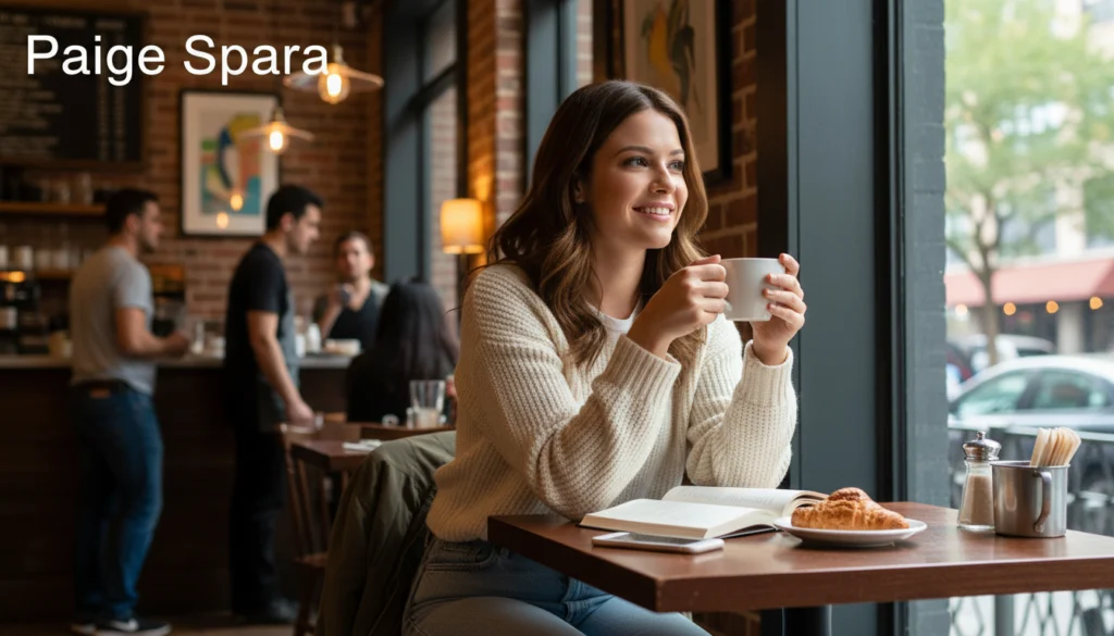 Paige Spara smiling in a cozy cafe with a coffee cup and book, professional lifestyle photography.