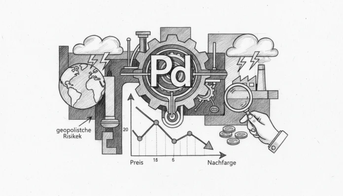 palladium-market-analysis-2026-price-demand-risks.webp Palladium-Marktanalyse 2026 zeigt Preis-Diagramm, Globus für geopolitische Risiken und Lupe zur Nachfrageprüfung.