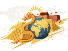 Goldener Drache umringt PBOC Goldreserven auf Rekordhoch vor einer Weltkugel für die geopolitische Analyse.