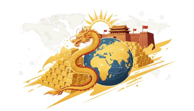 Goldener Drache umringt PBOC Goldreserven auf Rekordhoch vor einer Weltkugel für die geopolitische Analyse.
