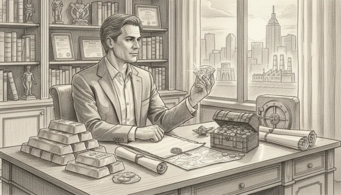 physical-assets-protect-wealth-2026.webp Geschäftsmann prüft Diamant und Goldbarren als physische Werte, die 2026 das Vermögen vor Spekulationen retten.