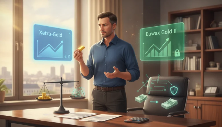 Ein Mann im Büro vergleicht physisches Gold mit Xetra-Gold und Euwax Gold II auf digitalen Grafiken und einer Waage.