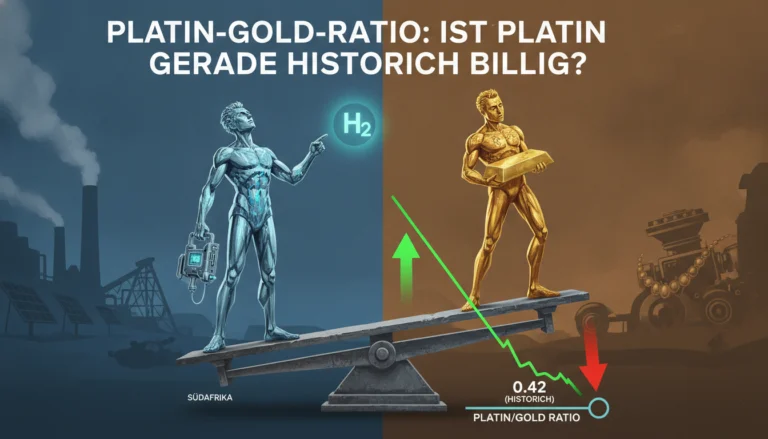 Eine Waage mit Platin- und Gold-Figur zeigt das historisch billige Platin-Gold-Ratio bei einem Tiefwert von 0,42.