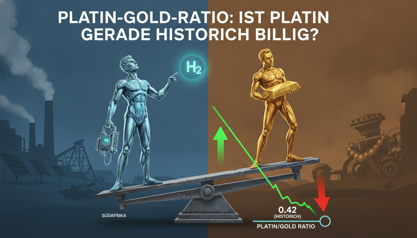 Eine Waage mit Platin- und Gold-Figur zeigt das historisch billige Platin-Gold-Ratio bei einem Tiefwert von 0,42.