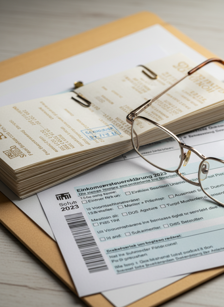 Kaufbelege für Goldmünzen übersichtlich sortiert neben einer Steuererklärung Fig 3: Kaufbelege für Goldmünzen übersichtlich sortiert neben einer Steuererklärung