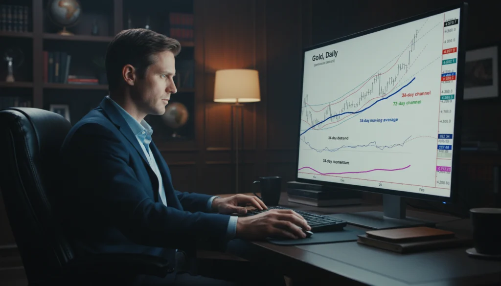 Ein Geschäftsmann im Anzug sitzt in einem schwach beleuchteten Büro und analysiert konzentriert einen detaillierten Tageschart des Goldmarktes auf einem großen Computerbildschirm. Der Monitor zeigt verschiedene technische Indikatoren an, darunter gleitende Durchschnitte, Preiskorridore und Momentum-Trends. Er arbeitet an einem dunklen Holzschreibtisch mit Tastatur, Maus und Büchern in einer konzentrierten Umgebung.