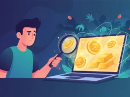 Wie erkenne und vermeide ich Fake-Goldshops online? Mann erkennt Fake-Goldshops online per Lupe; Laptop zeigt Goldbarren und Münzen mit Totenköpfen vor Schattenhänden.