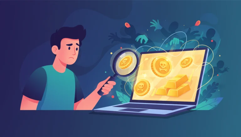 Mann erkennt Fake-Goldshops online per Lupe; Laptop zeigt Goldbarren und Münzen mit Totenköpfen vor Schattenhänden.