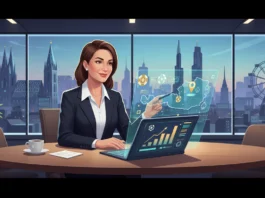 Frau prüft Online Casino Empfehlungen Österreich 2026 am Laptop mit Hologramm vor der Wiener Skyline im modernen Büro.