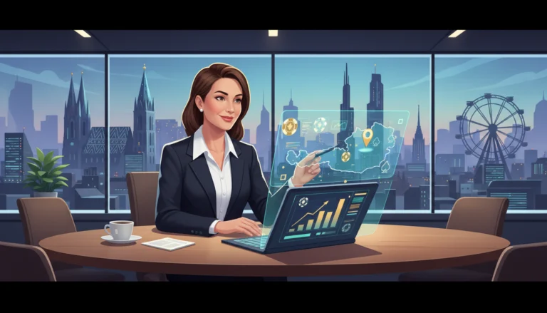 Frau prüft Online Casino Empfehlungen Österreich 2026 am Laptop mit Hologramm vor der Wiener Skyline im modernen Büro.