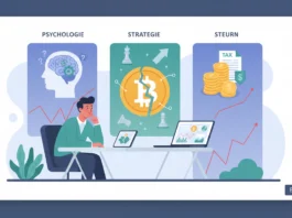 Mann am Schreibtisch plant Psychologie, Strategie und Steuern zur Rückholung eines verlorenen Bitcoin-Investments.