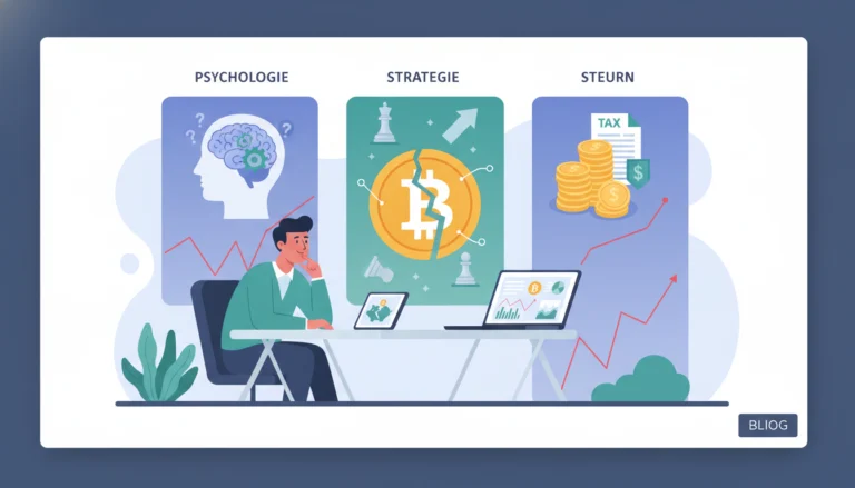 Mann am Schreibtisch plant Psychologie, Strategie und Steuern zur Rückholung eines verlorenen Bitcoin-Investments.