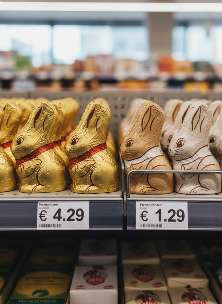 Preisvergleich im Supermarktregal: Teurer Premium-Schokohase neben günstiger Discounter-Eigenmarke zu Ostern 2026. Fig 2: Preisvergleich im Supermarktregal: Teurer Premium-Schokohase neben günstiger Discounter-Eigenmarke zu Ostern 2026.