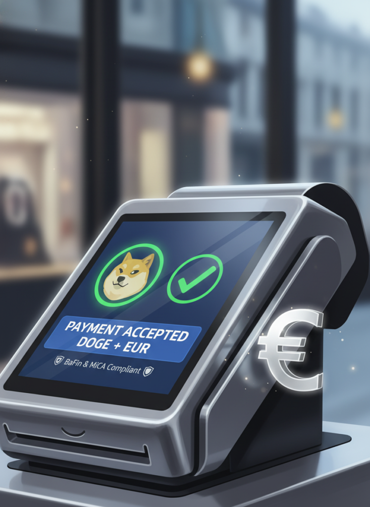 Ein POS-Terminal in einem Geschäft zeigt eine erfolgreiche Dogecoin Transaktion