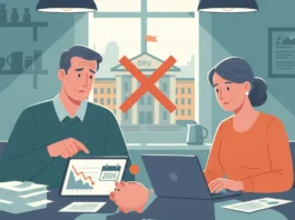 Besorgtes Paar prüft Rentenerhöhung 2026 am Tablet vor einem mit rotem X durchgestrichenen DRV-Gebäude.